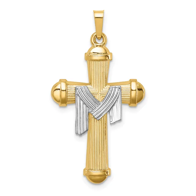 A two-tone gold cross pendant with vertical ridged texture, rounded ends, and a white gold draped fabric or cloth design across the center.