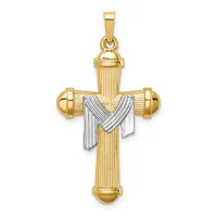 A two-tone gold cross pendant with vertical ridged texture, rounded ends, and a white gold draped fabric or cloth design across the center.