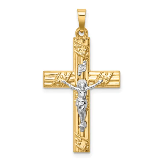 A two-tone gold crucifix pendant with a textured gold cross and a silver-toned corpus figure, featuring decorative linear patterns along the vertical and horizontal arms.