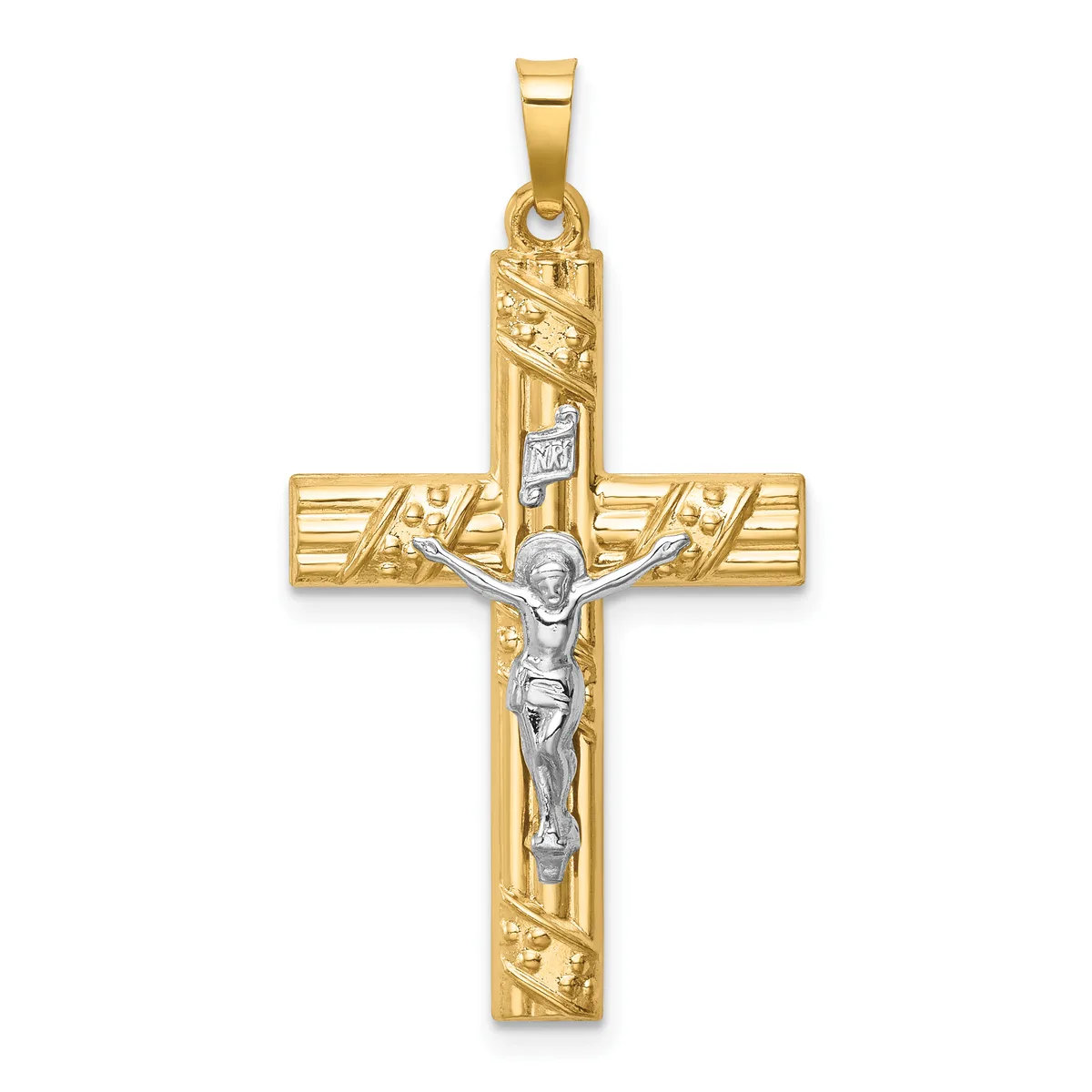 A two-tone gold crucifix pendant with a textured gold cross and a silver-toned corpus figure, featuring decorative linear patterns along the vertical and horizontal arms.