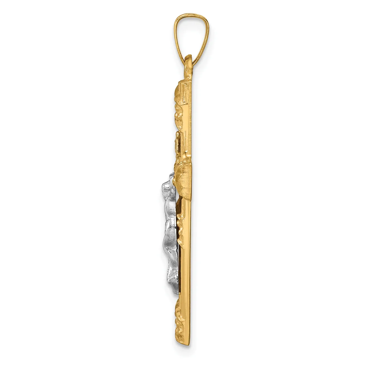 A long vertical gold pendant with textured surface and a small silver charm attached to its side, suspended from a gold loop.