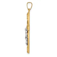 A long vertical gold pendant with textured surface and a small silver charm attached to its side, suspended from a gold loop.