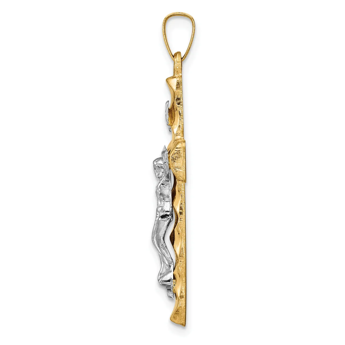 A two-tone pendant featuring a polished white metal curved figure against a textured gold rectangular backing, suspended from a gold loop bail.