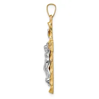 A two-tone pendant featuring a polished white metal curved figure against a textured gold rectangular backing, suspended from a gold loop bail.