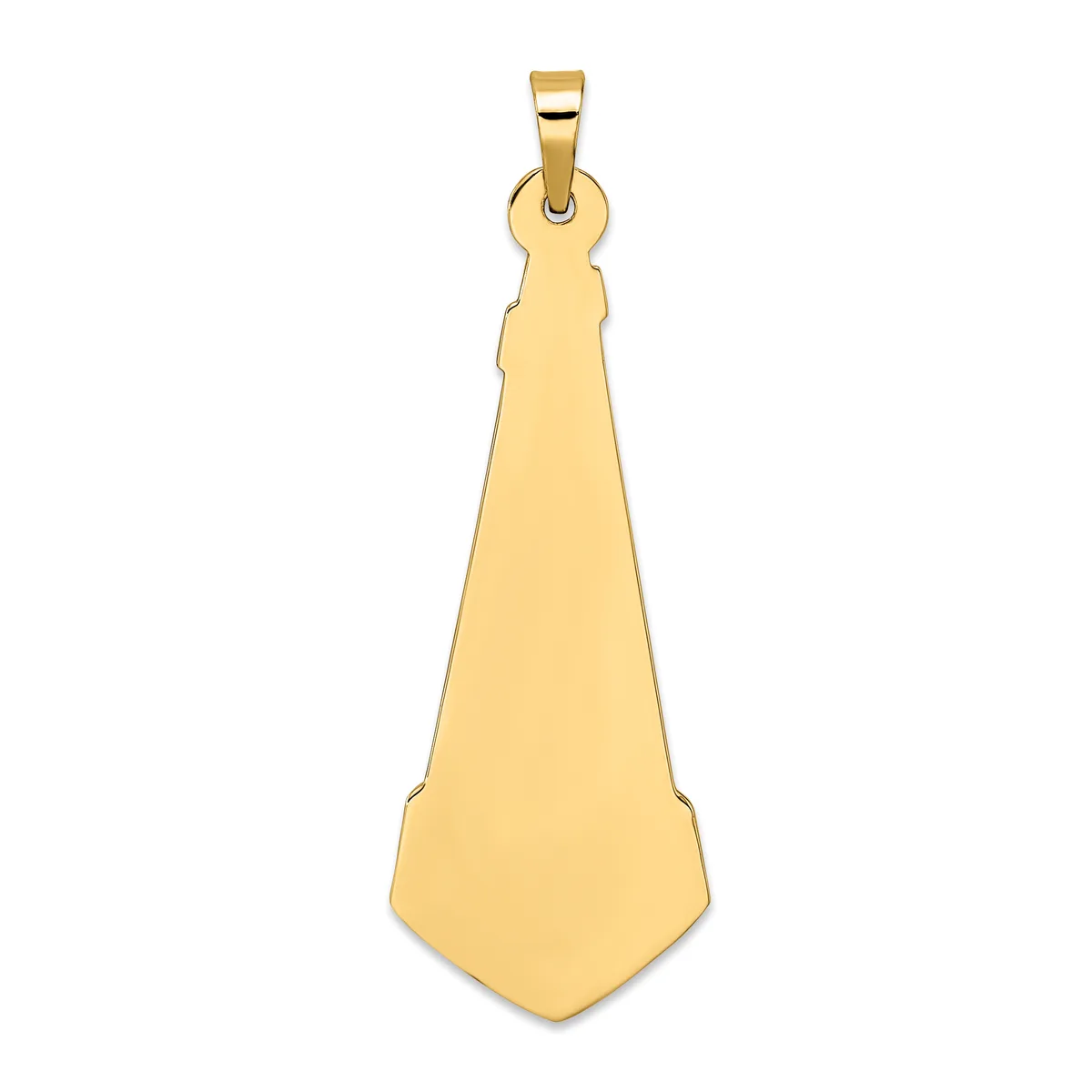 A polished gold-colored pendant shaped like an elongated shield or tie, suspended from a small bail loop at the top.