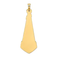 A polished gold-colored pendant shaped like an elongated shield or tie, suspended from a small bail loop at the top.