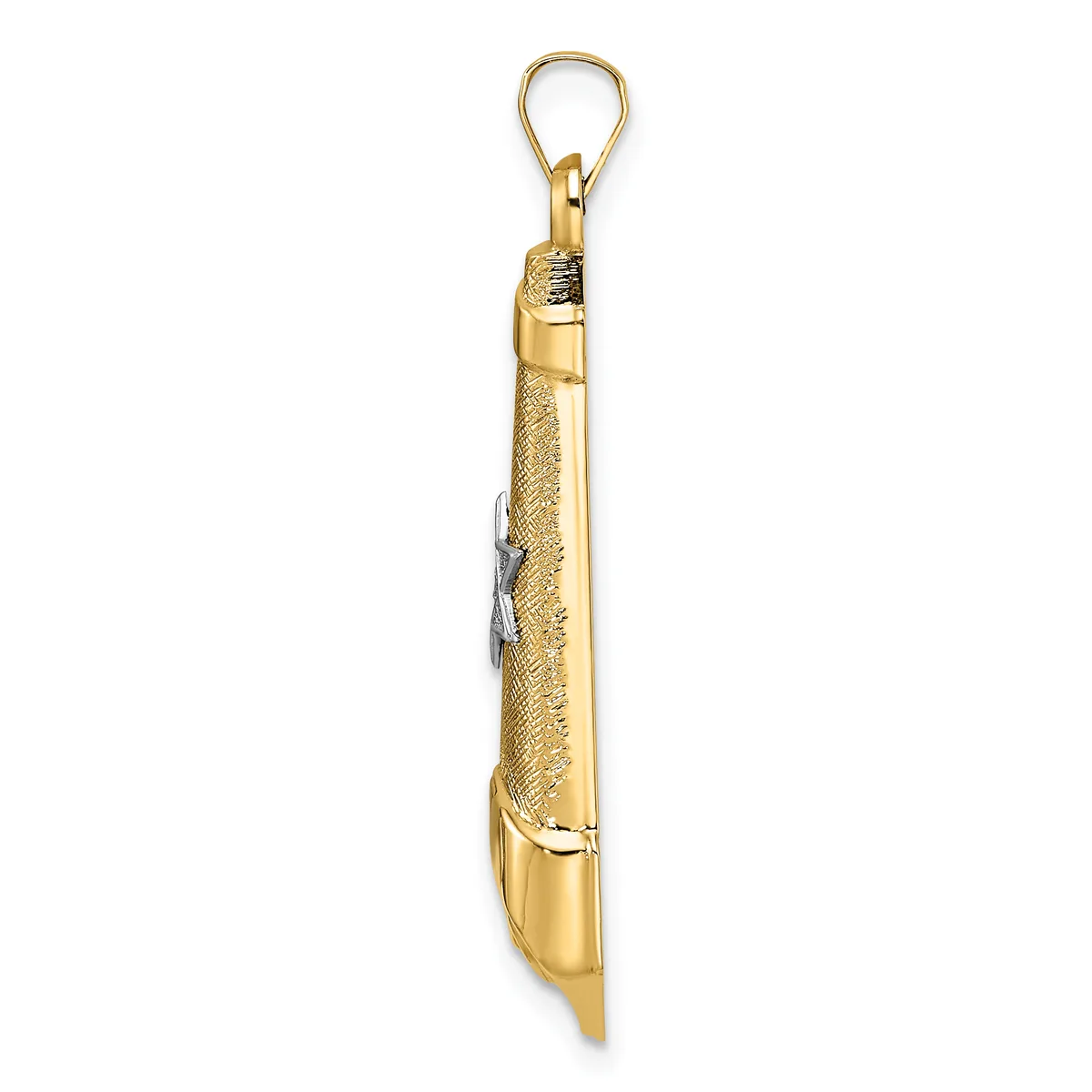 Gold-toned pendant with textured surface and a loop at the top, shown against a white background.