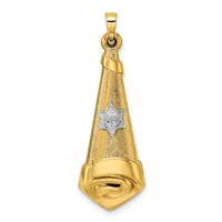 Gold pendant featuring a cone-shaped upper section with textured finish and a white metal Star of David, attached to a polished shield-shaped lower section.