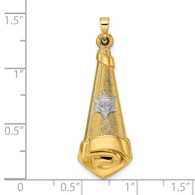 Gold cone-shaped pendant with textured surface, white star design, and polished base, shown next to a ruler measuring approximately 1.25 inches tall.