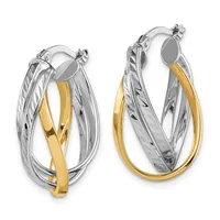 Pair of two-tone hoop earrings with twisted silver outer bands and polished gold inner bands, featuring post and clutch closures.