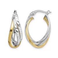 A pair of two-tone hoop earrings featuring intertwined white and yellow gold bands with a textured finish, shown from front and side views.