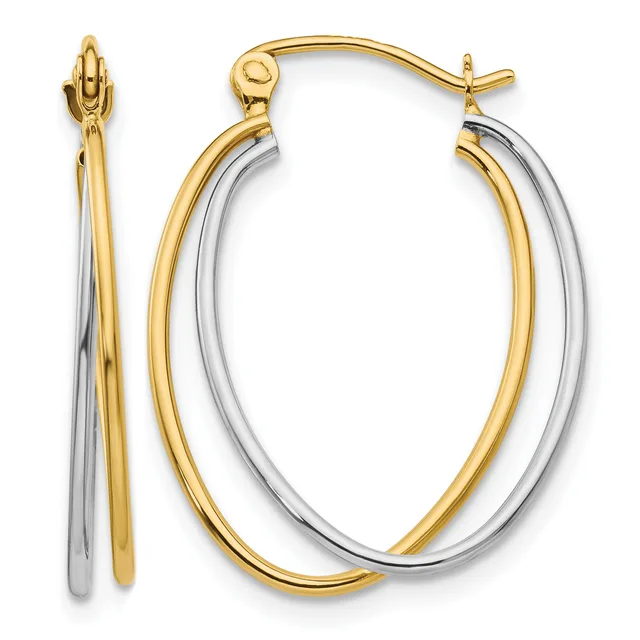 Pair of two-tone gold and silver oval hoop earrings with hinged posts, shown from front and side views.
