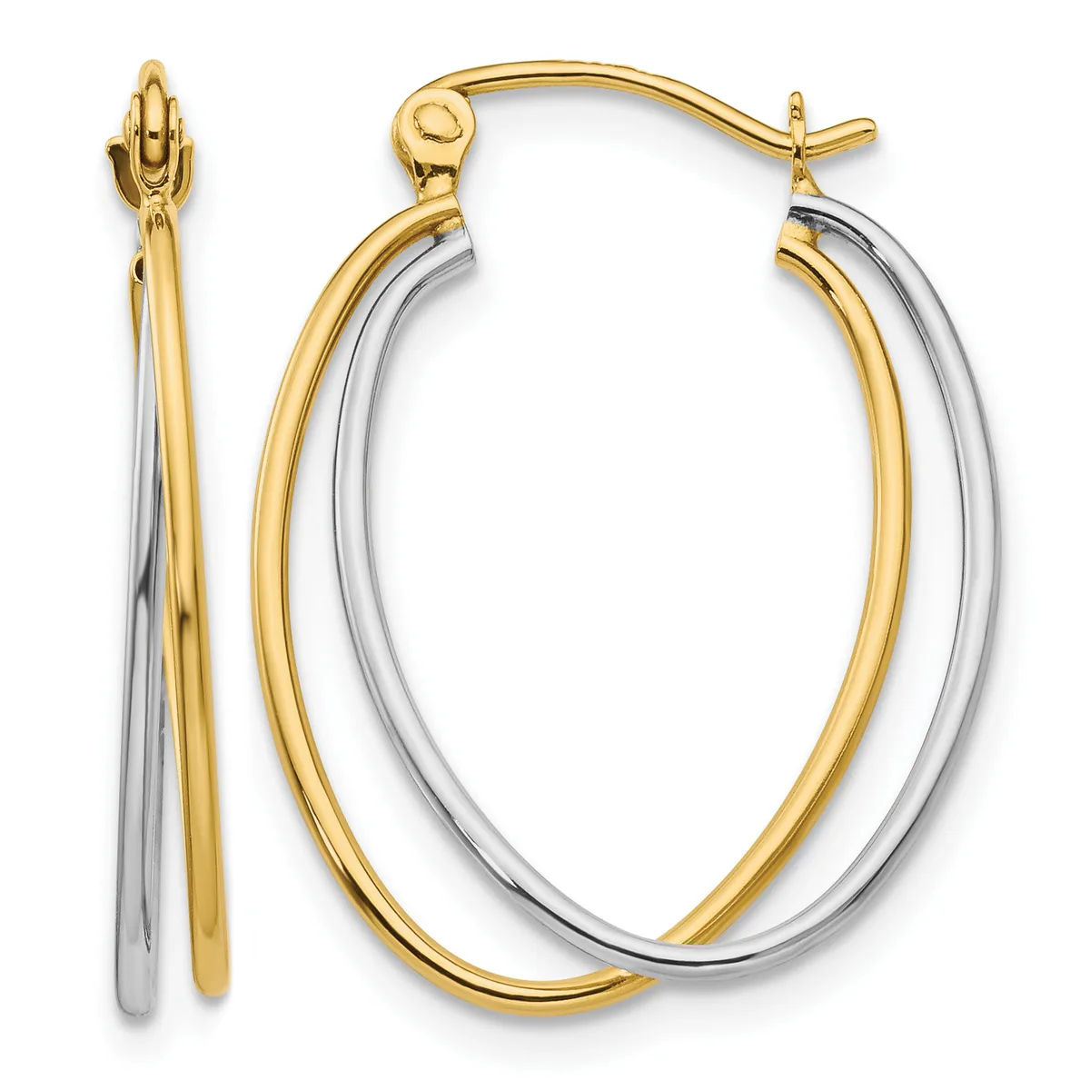 Pair of two-tone gold and silver oval hoop earrings with hinged posts, shown from front and side views.