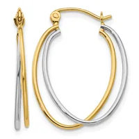 Pair of two-tone gold and silver oval hoop earrings with hinged posts, shown from front and side views.