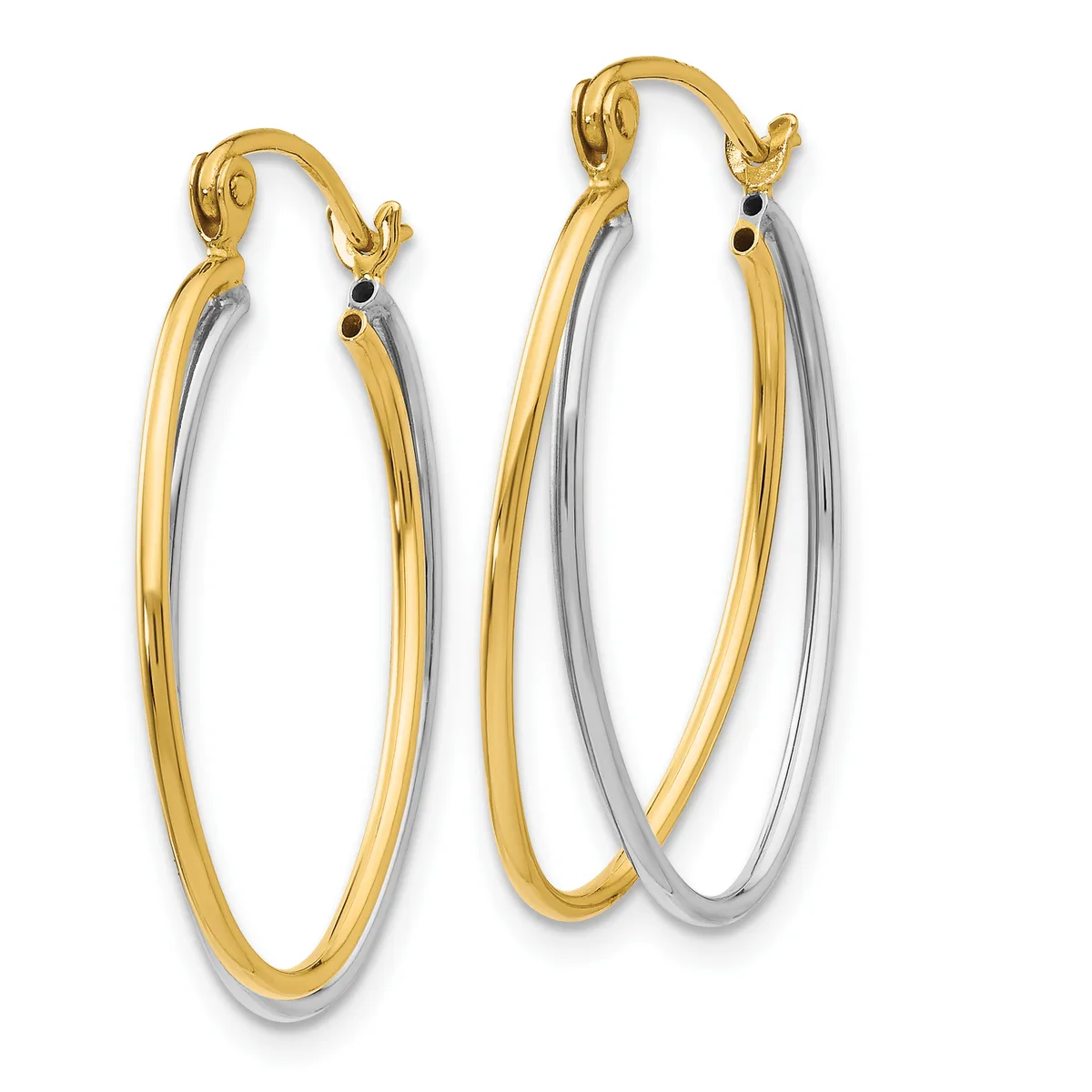 A pair of two-tone hoop earrings with gold outer bands and silver inner bands, featuring gold hook closures with small black accent details.