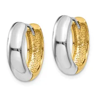 A pair of polished white and textured gold two-tone hoop earrings with hinged closures, shown from the front at slightly different angles.