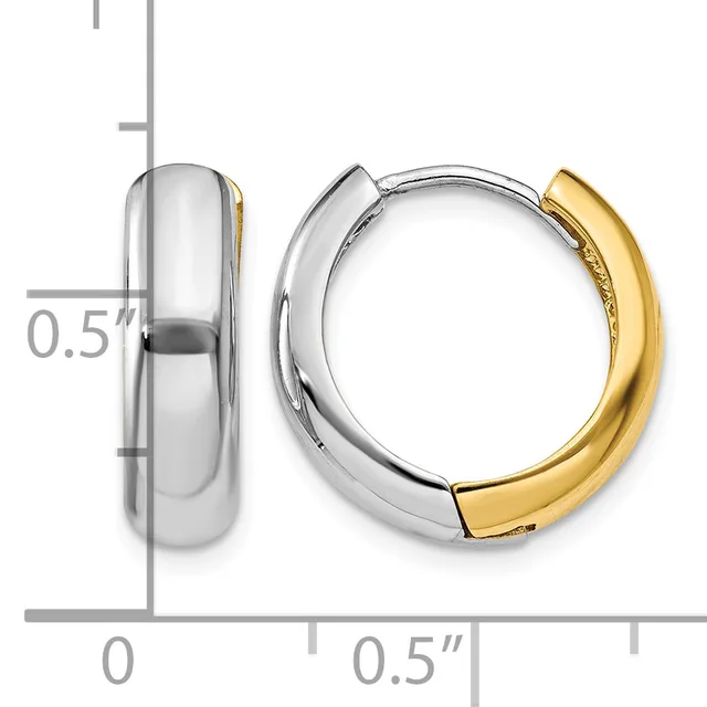 Two-tone chunky hoop earrings with white metal and gold-plated sections, shown with a measurement scale indicating approximately half-inch width.