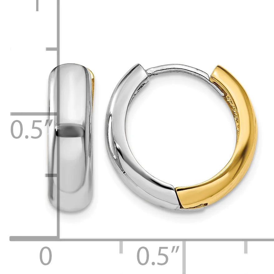 Two-tone chunky hoop earrings with white metal and gold-plated sections, shown with a measurement scale indicating approximately half-inch width.