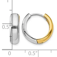 Two-tone chunky hoop earrings with white metal and gold-plated sections, shown with a measurement scale indicating approximately half-inch width.