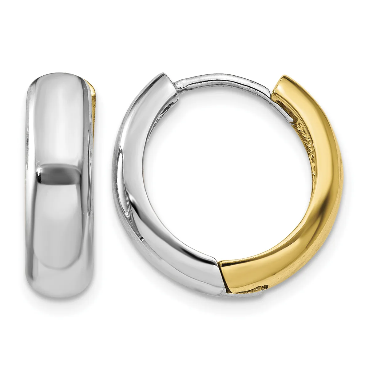 Pair of two-tone hoop earrings with white metal and yellow gold sections, shown from the front and side view.