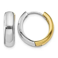 Pair of two-tone hoop earrings with white metal and yellow gold sections, shown from the front and side view.