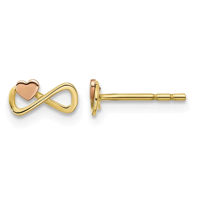 Pair of gold stud earrings with infinity symbol design and small rose gold heart accent, shown from front and side views.