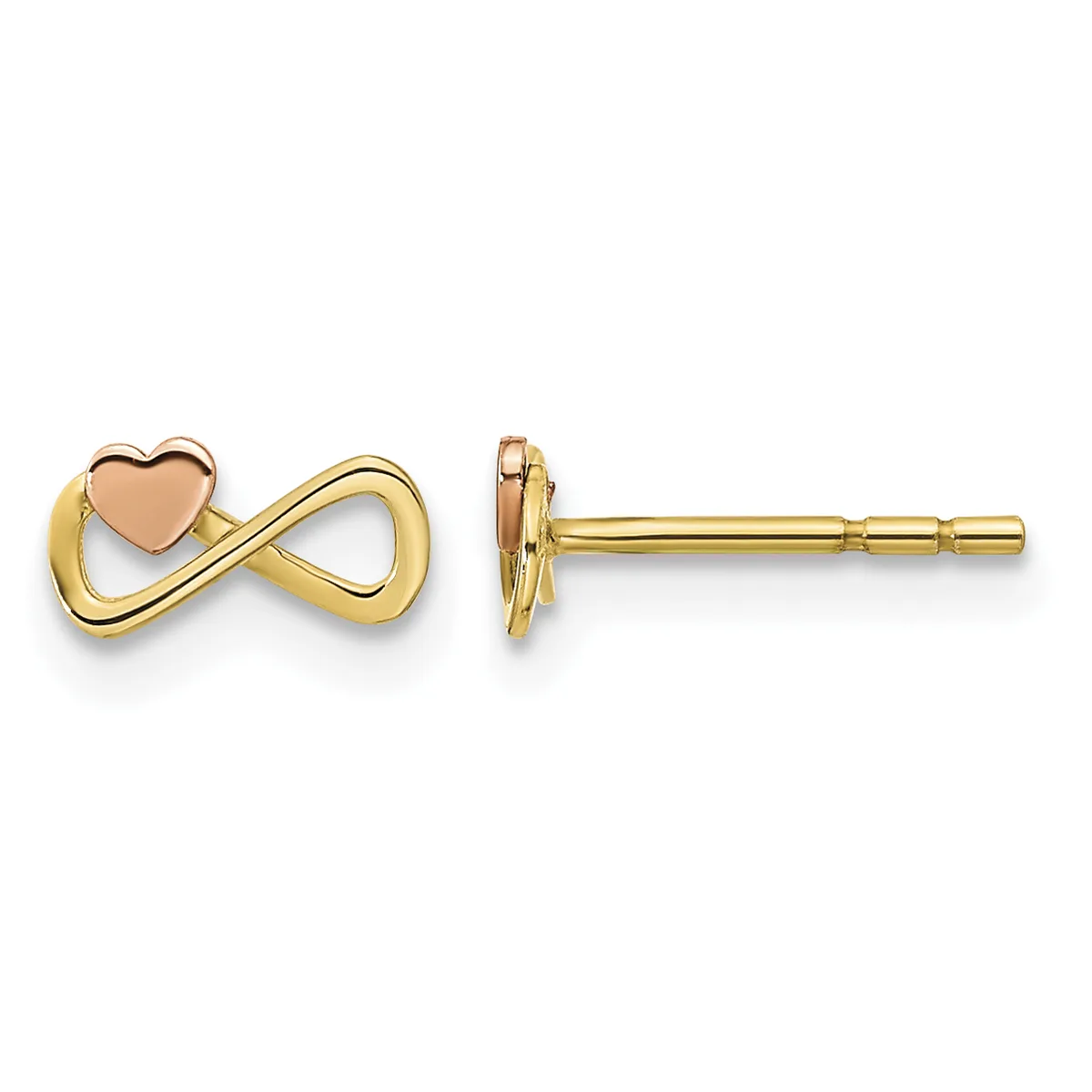 Pair of gold stud earrings with infinity symbol design and small rose gold heart accent, shown from front and side views.