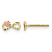 Pair of gold stud earrings with infinity symbol design and small rose gold heart accent, shown from front and side views.