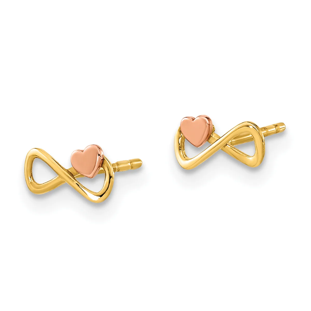 Pair of gold infinity symbol stud earrings with rose gold heart details and post backs.