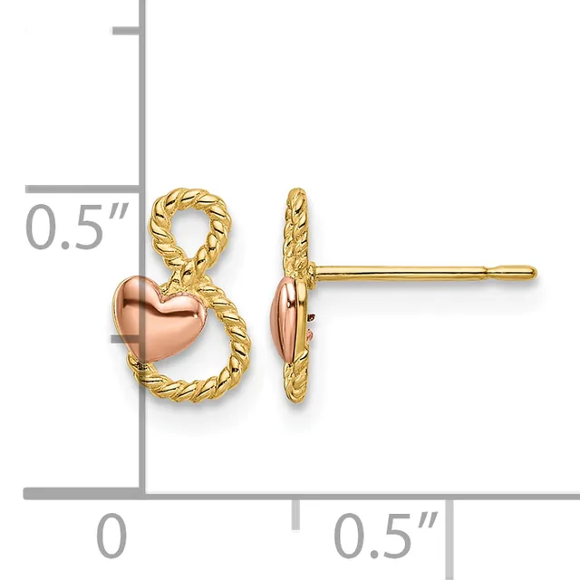 A pair of gold stud earrings featuring rose gold puffy hearts attached to twisted gold loops, shown front and side view with a measurement scale.