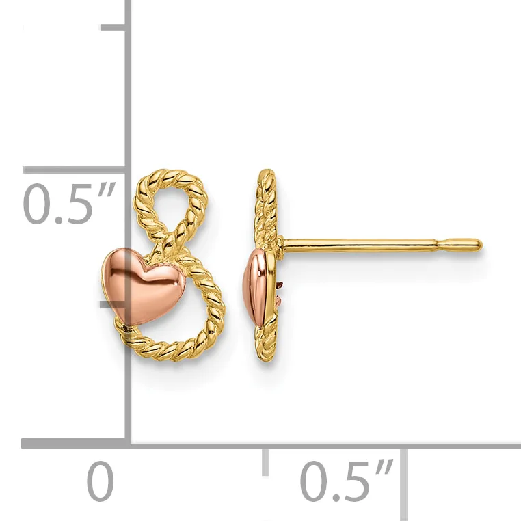 A pair of gold stud earrings featuring rose gold puffy hearts attached to twisted gold loops, shown front and side view with a measurement scale.