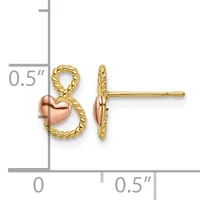 A pair of gold stud earrings featuring rose gold puffy hearts attached to twisted gold loops, shown front and side view with a measurement scale.