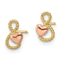 A pair of stud earrings featuring twisted gold loops with rose gold polished heart charms, shown from the front.