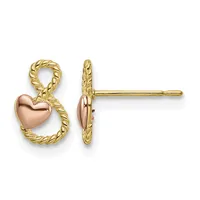 Pair of gold stud earrings with twisted rope-textured loops and polished rose gold heart charms, shown from front and side views.