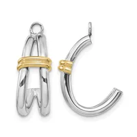 Two silver and gold two-tone earrings displayed side by side, featuring polished curved designs with gold band accents.