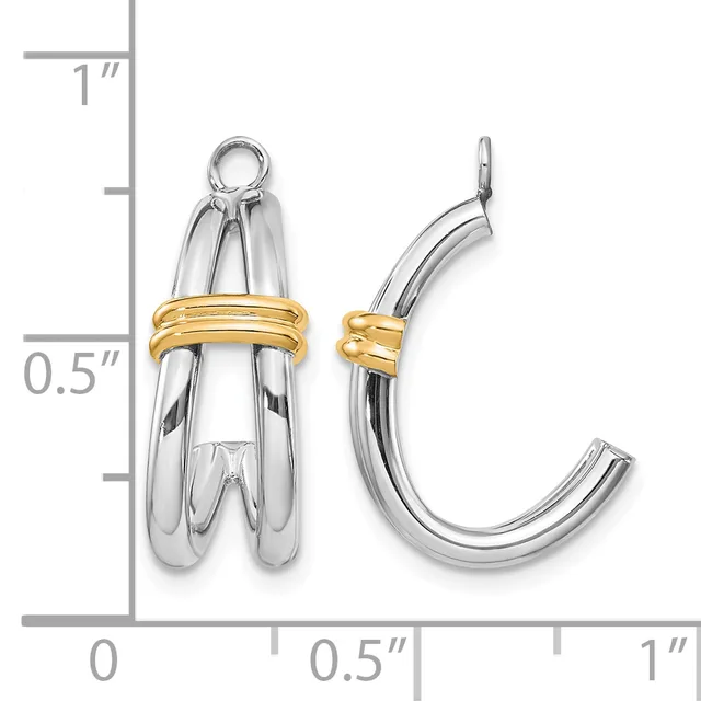 Two-tone silver and gold earrings displayed next to a ruler showing approximately one inch in length, featuring curved hollow designs with gold-wrapped bands.