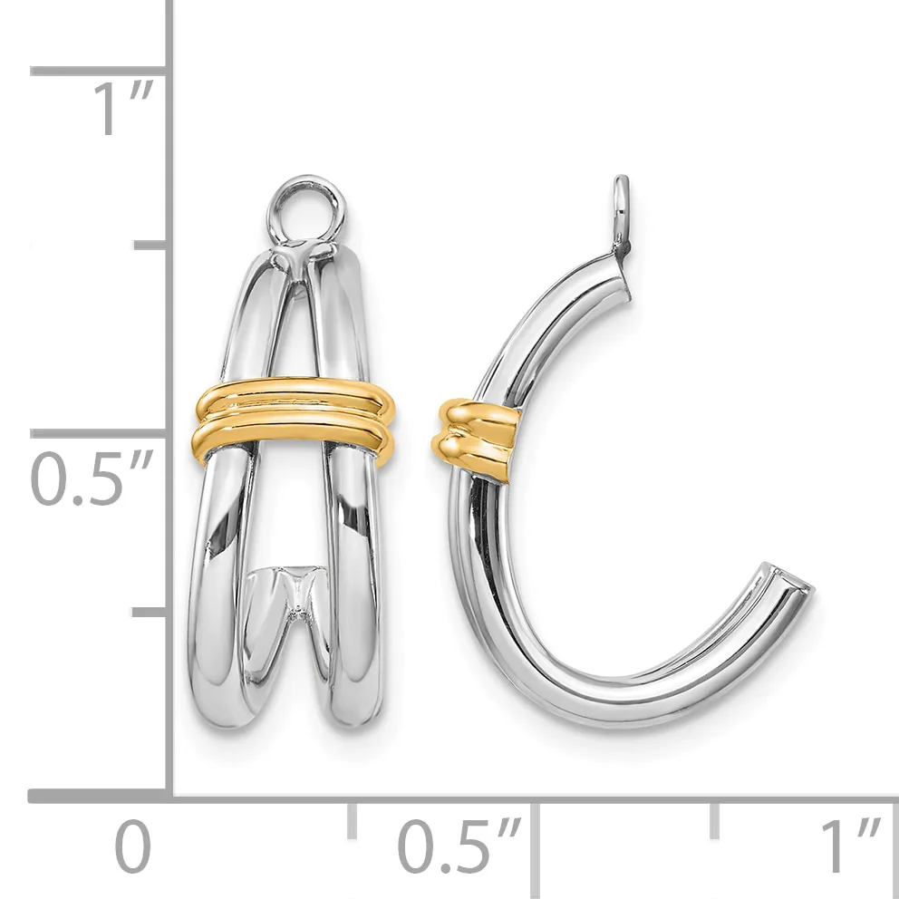 Two-tone silver and gold earrings displayed next to a ruler showing approximately one inch in length, featuring curved hollow designs with gold-wrapped bands.