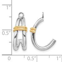 Two-tone silver and gold earrings displayed next to a ruler showing approximately one inch in length, featuring curved hollow designs with gold-wrapped bands.