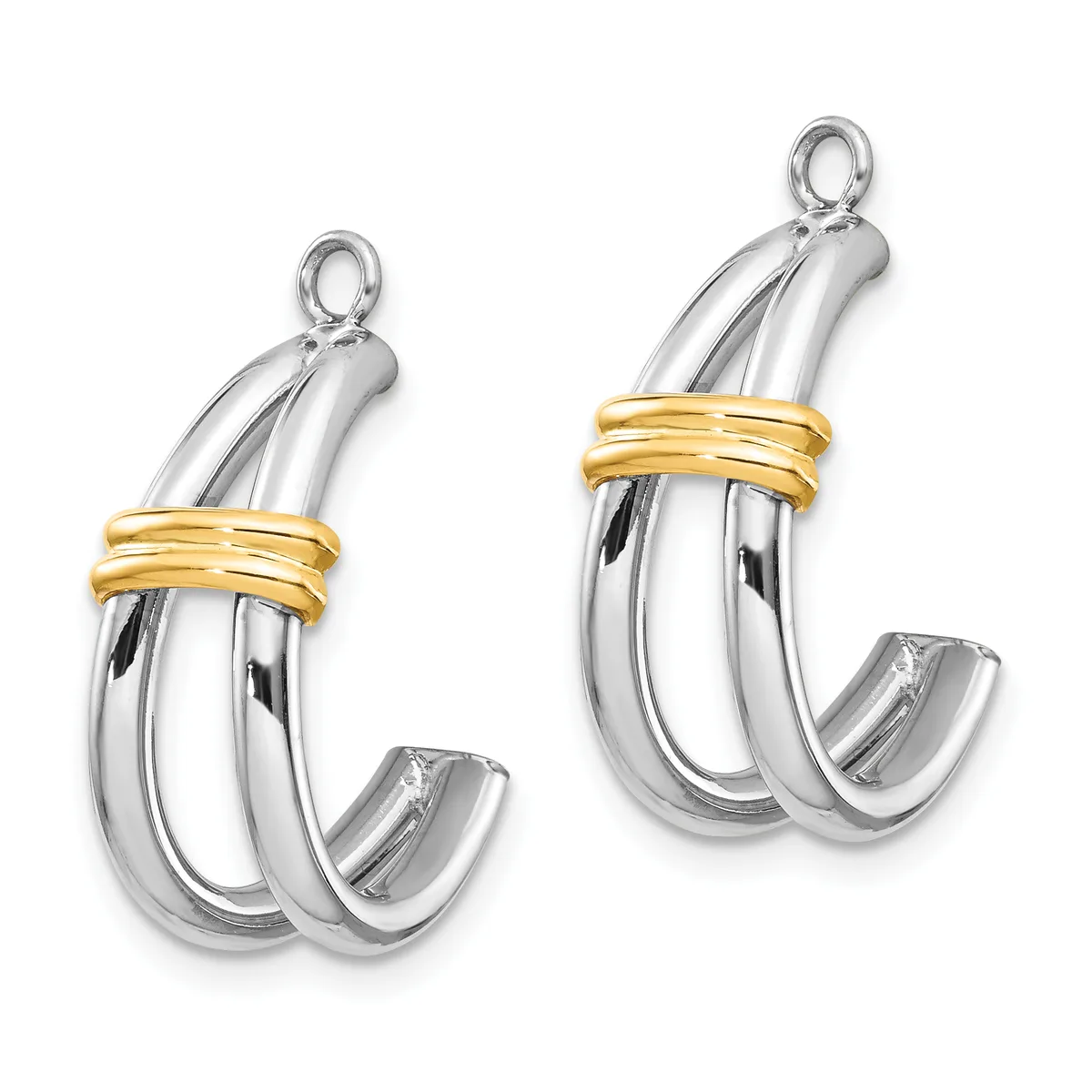 Pair of silver hoop earrings with gold-toned bands wrapped around the middle and loop posts for hanging.