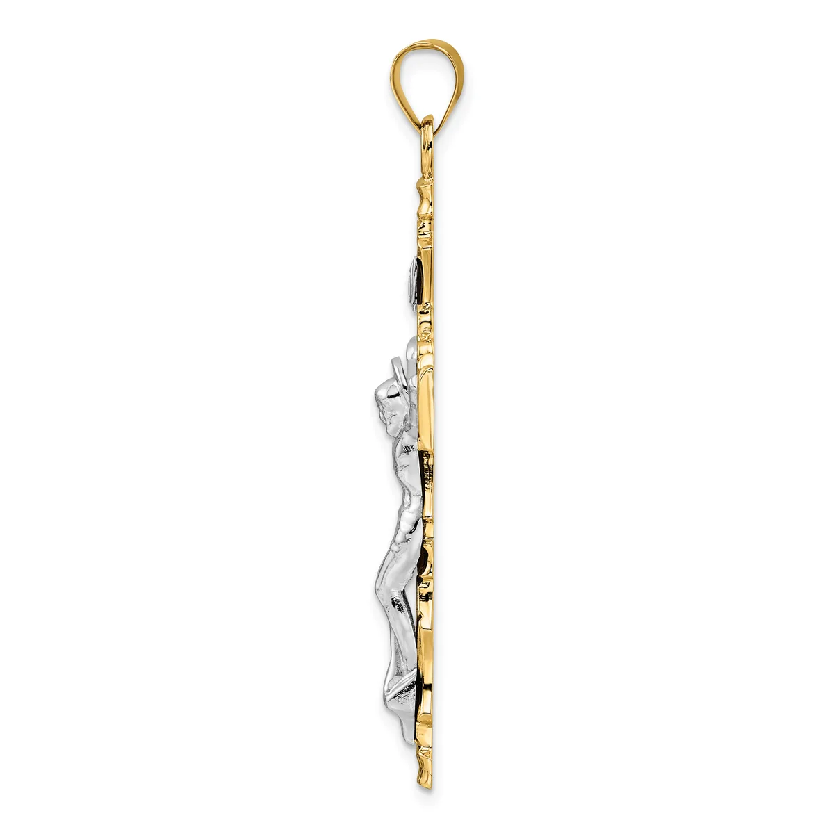 A two-tone pendant with a gold loop at the top and a vertical gold bar attached to a white metal wavy ribbon element, shown hanging against a white background.