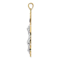A two-tone pendant with a gold loop at the top and a vertical gold bar attached to a white metal wavy ribbon element, shown hanging against a white background.