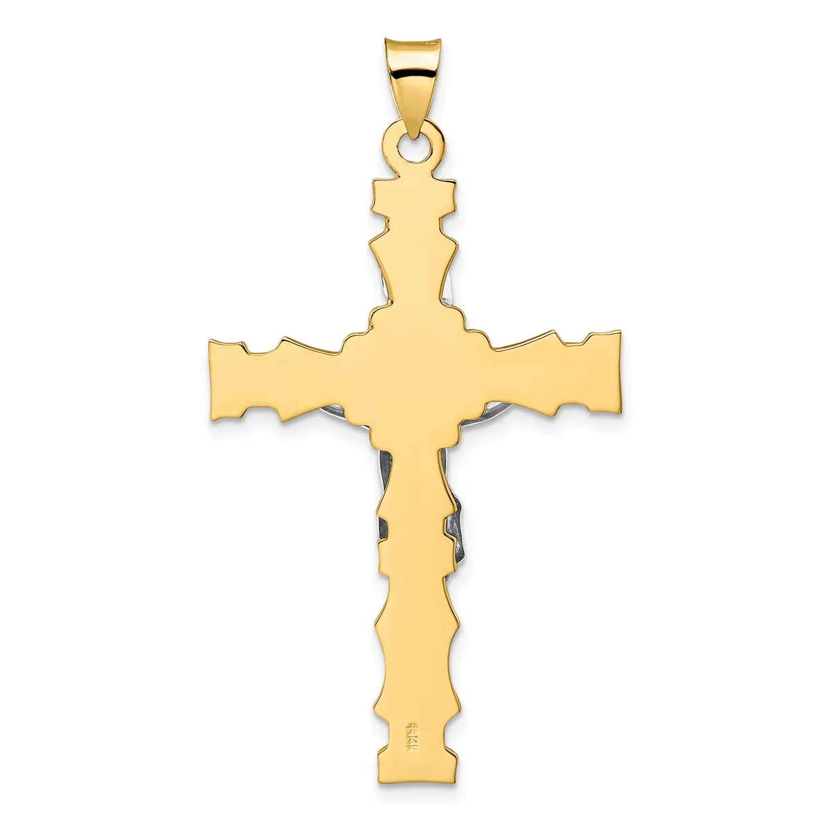 A gold cross pendant with decorative notched edges and a small stamped hallmark on the lower vertical arm, shown against a white background.