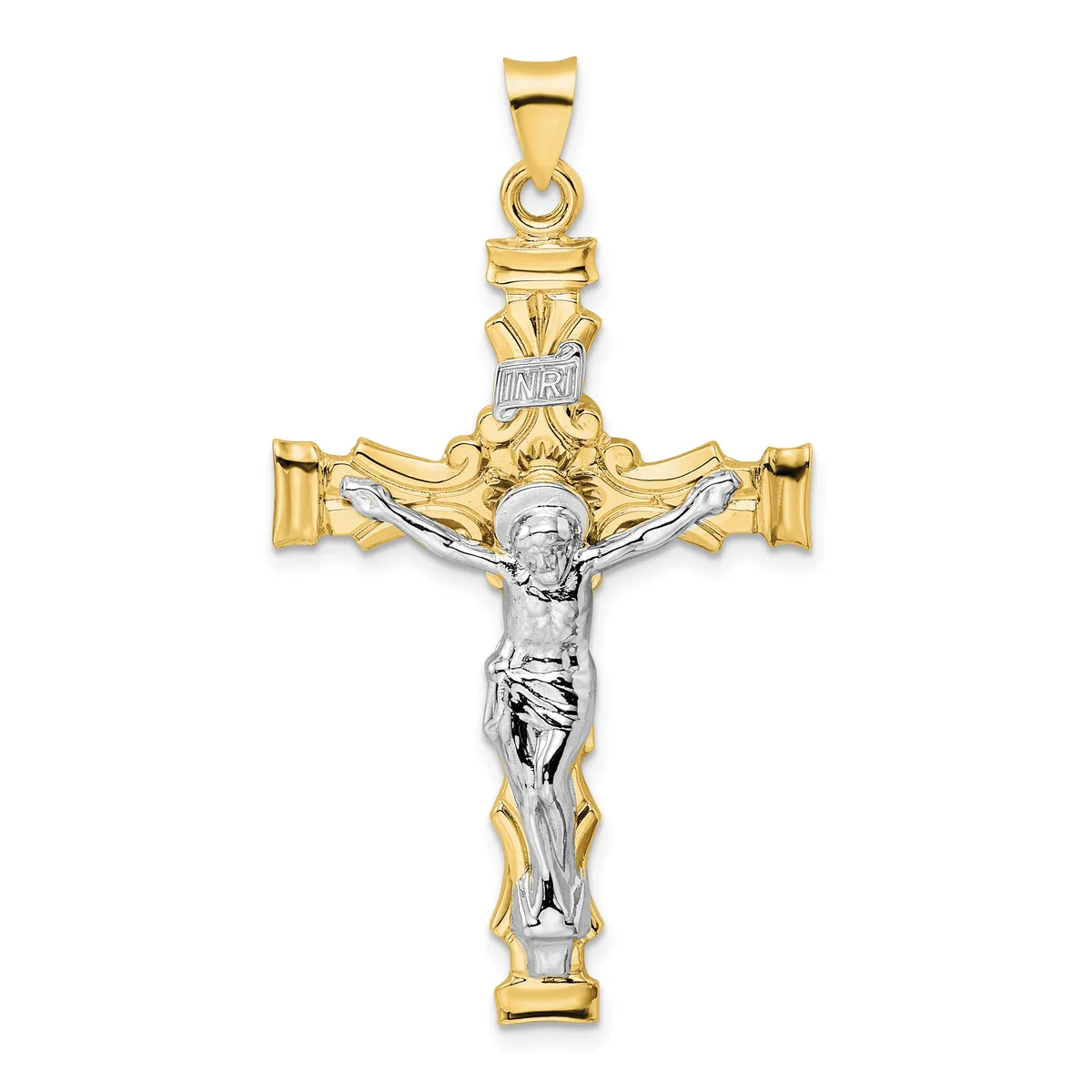 Two-tone gold and silver crucifix pendant with ornate leaf details at the top and INRI inscription, featuring a detailed corpus figure.