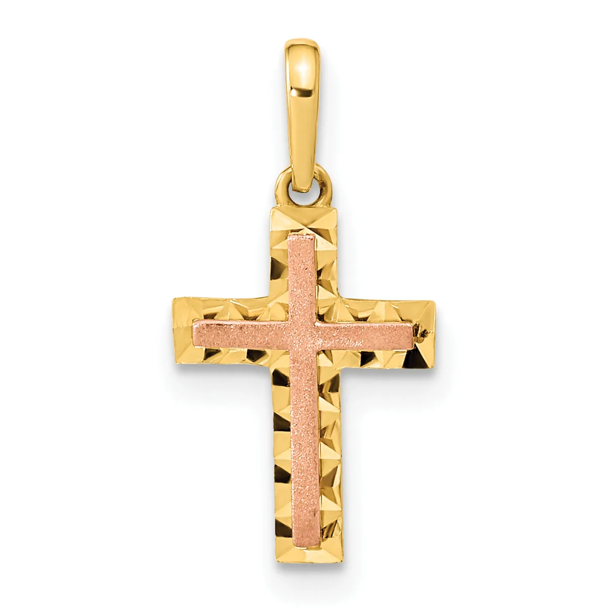 A two-tone gold cross pendant with a textured diamond-cut surface and a rose gold center stripe, suspended from a polished gold bail.