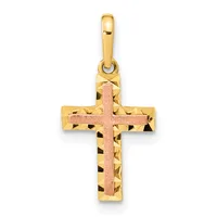 A two-tone gold cross pendant with a textured diamond-cut surface and a rose gold center stripe, suspended from a polished gold bail.