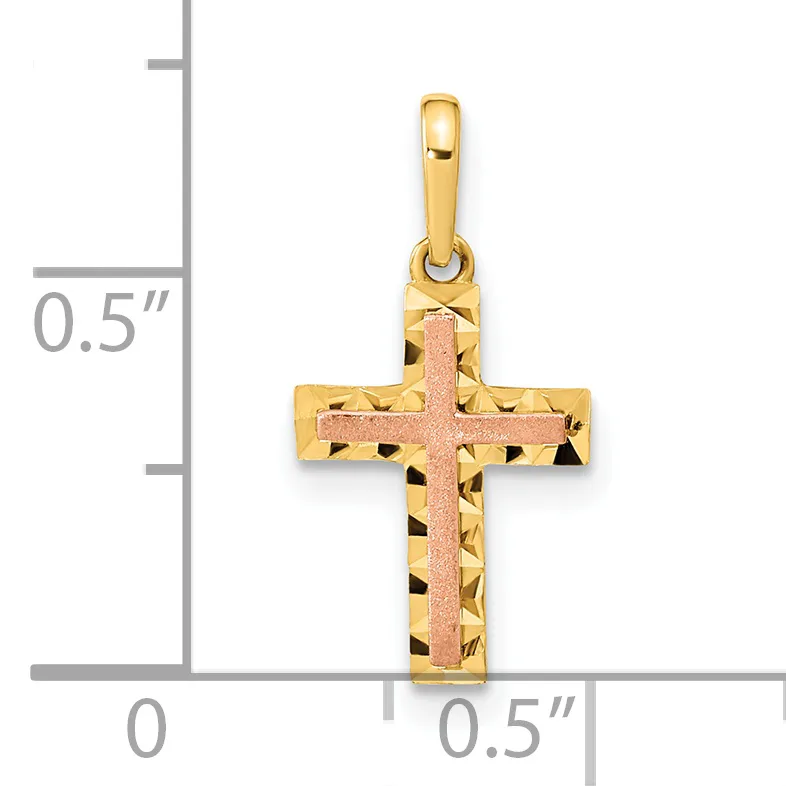 Two-tone gold cross pendant with textured yellow gold edges and rose gold center, shown next to a ruler indicating approximately half an inch in height.