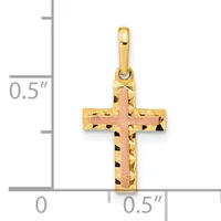 Two-tone gold cross pendant with textured yellow gold edges and rose gold center, shown next to a ruler indicating approximately half an inch in height.