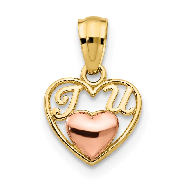 A gold heart-shaped pendant with "I love u" script text in yellow gold and a polished rose gold center heart, suspended from a yellow gold bail.