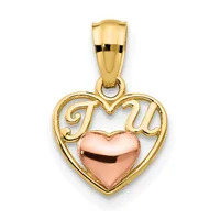 A gold heart-shaped pendant with "I love u" script text in yellow gold and a polished rose gold center heart, suspended from a yellow gold bail.