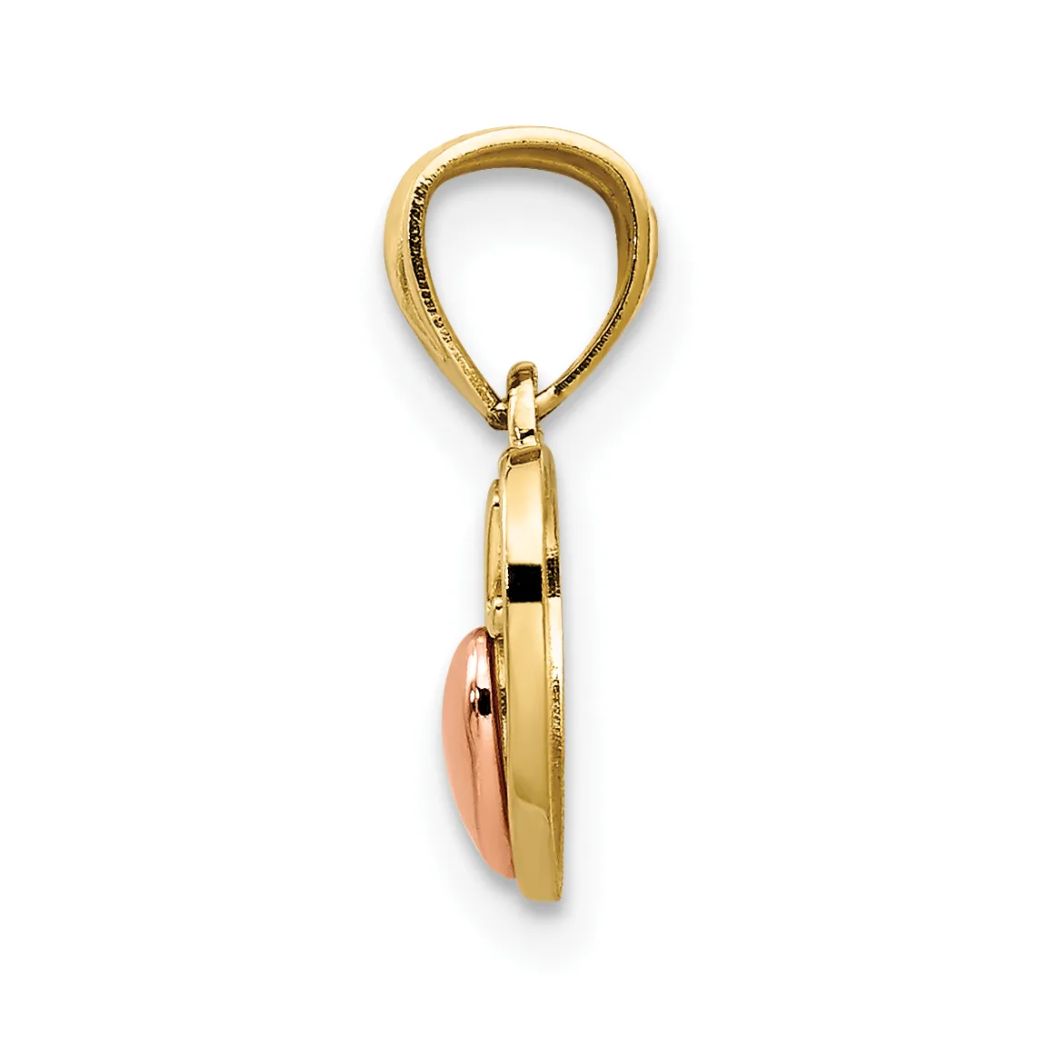 A two-tone gold pendant charm featuring a polished oval loop at the top connected to a rounded disc charm with rose gold and yellow gold sections, shown suspended against a white background.